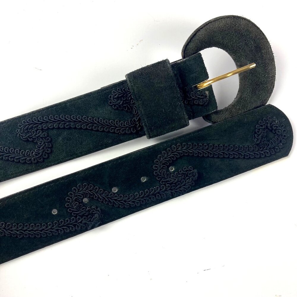 Vintage Comeco Black Suede Belt Embroidered Detail Womens Small Medium 90s